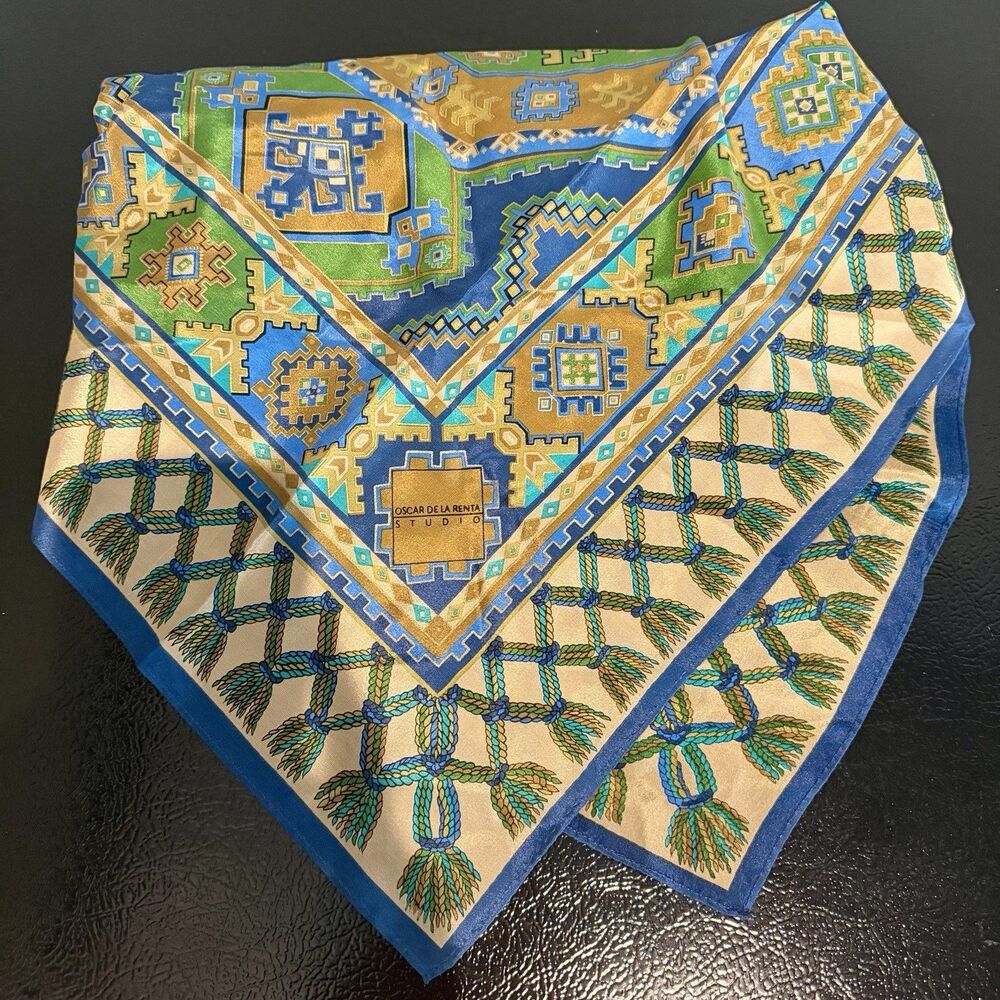 Oscar De La Renta Studio Silk Scarf Aztec Green Blue Gold Print Square Vintage